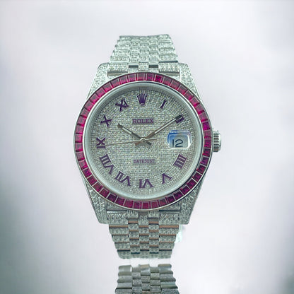 ROLEX DATEJUST 41 FULL ICED OUT – RUBY BEZEL - RED ROMAN DIAL