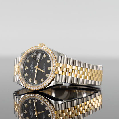 Rolex Datejust 36mm فولاذ وذهب أصفر مينا أسود مرصع بالألماس 126283RBR
